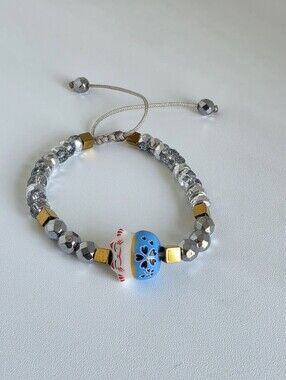 Beaded Adjustable Bracelet with Blue Ceramic Charm